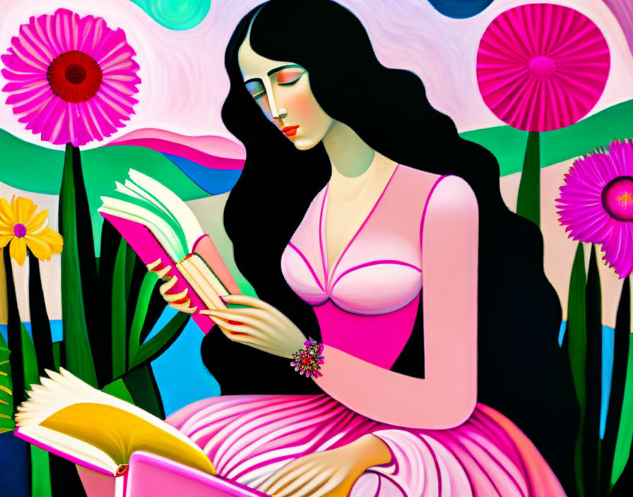 Vibrant painting of woman reading book among flowers