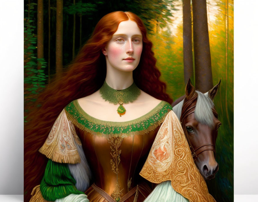 Medieval woman with red hair and horse in forest scene