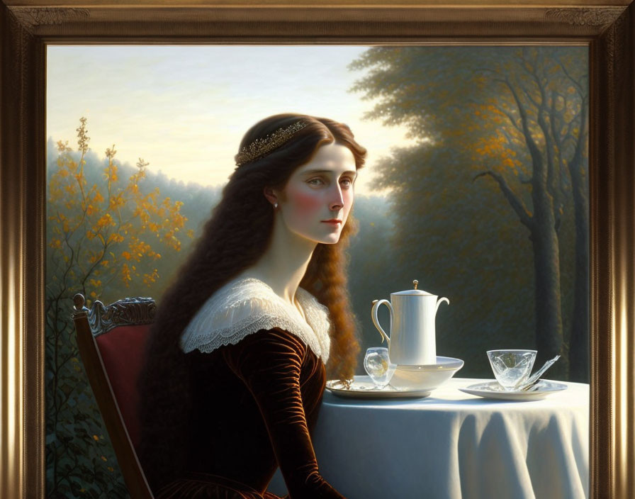 Portrait-style painting of woman with dark hair at table with teapot and cup, looking out window to