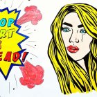 Colorful Pop Art-Style Diptych of Woman with Speech Bubble Profile & Yellow Hair-Front