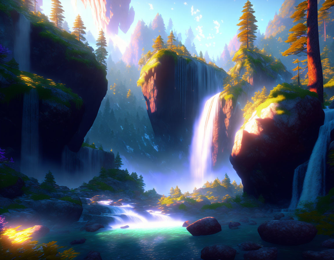 Majestic Waterfalls in Sunlit Forestscape