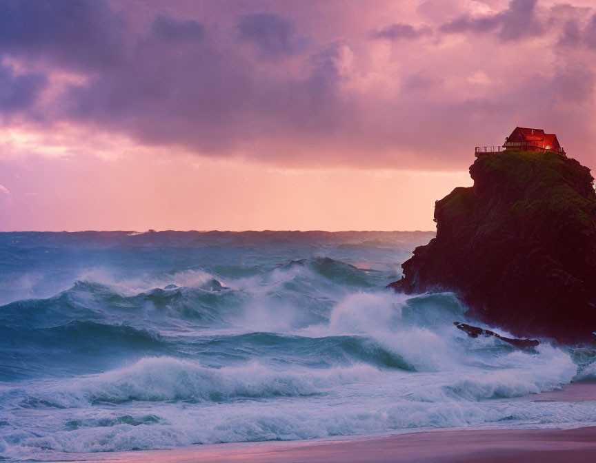 Cliffside house with dramatic sea view at dusk