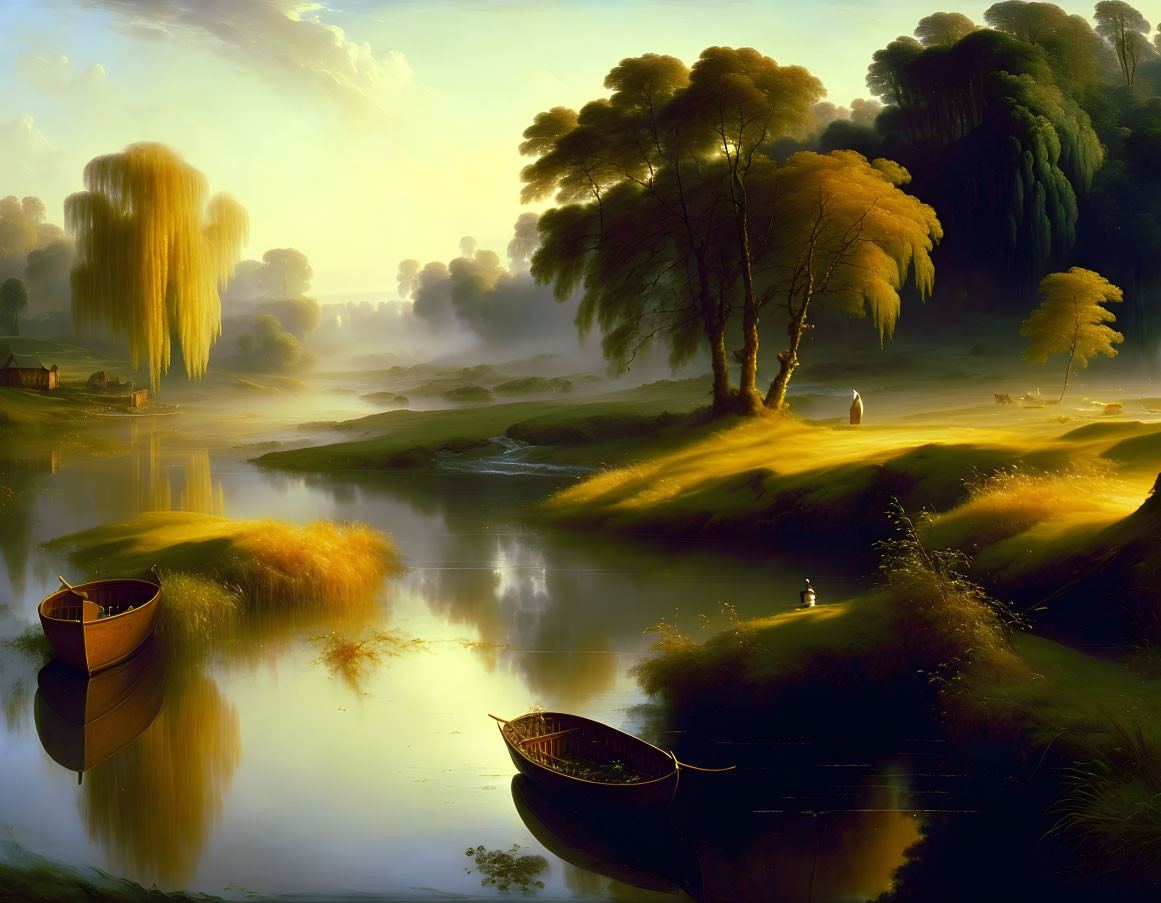 Tranquil landscape: Two boats on calm river, lush trees, golden glow