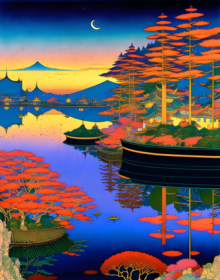 Colorful Asian-style landscape with tall trees, traditional buildings, calm river, crescent moon.