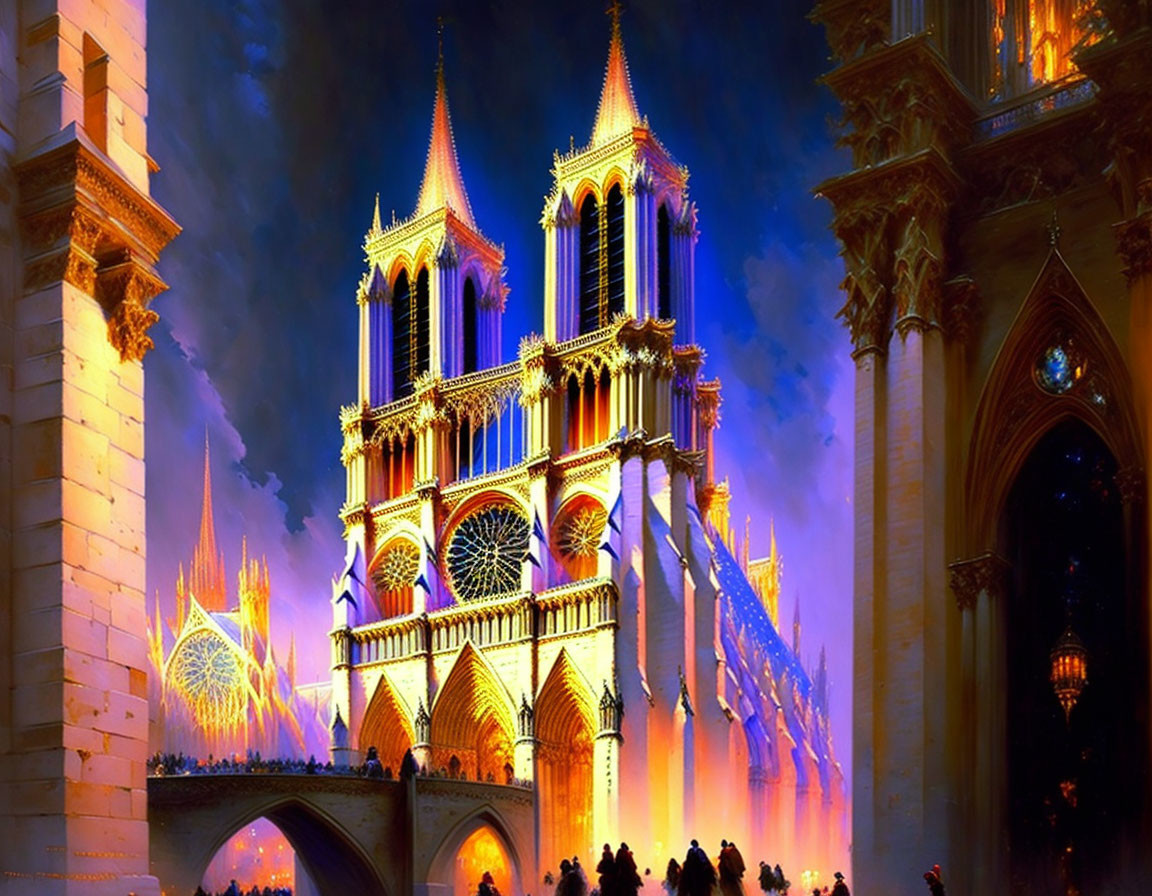 Gothic Cathedral Illuminated at Dusk with Vibrant Lights