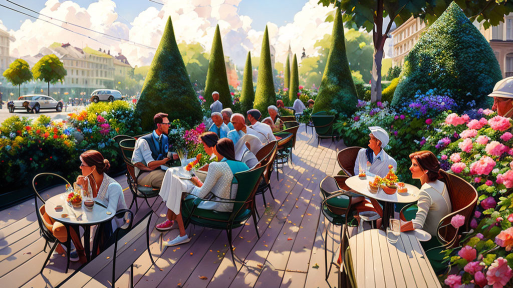 Vibrant outdoor cafe scene with flowers, shrubbery, and city street view