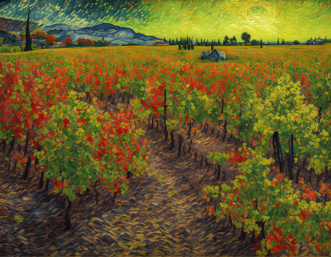 Colorful Vineyard Painting with Red and Green Grapevines under Swirling Yellow Sky