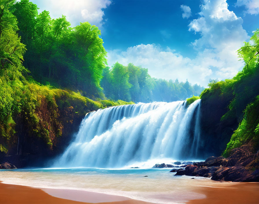 Scenic waterfall with sandy pool and lush greenery