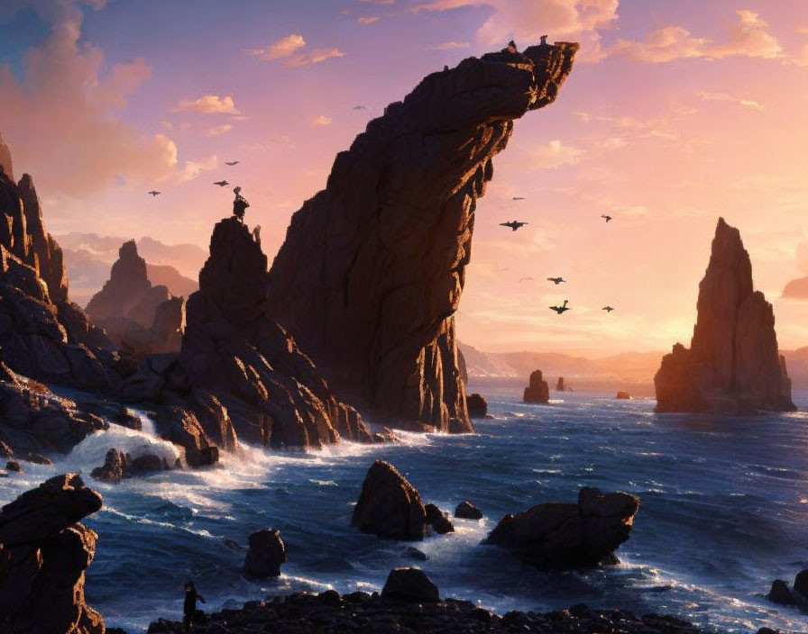 Sunset coastal landscape: waves crash on cliffs, birds soar.