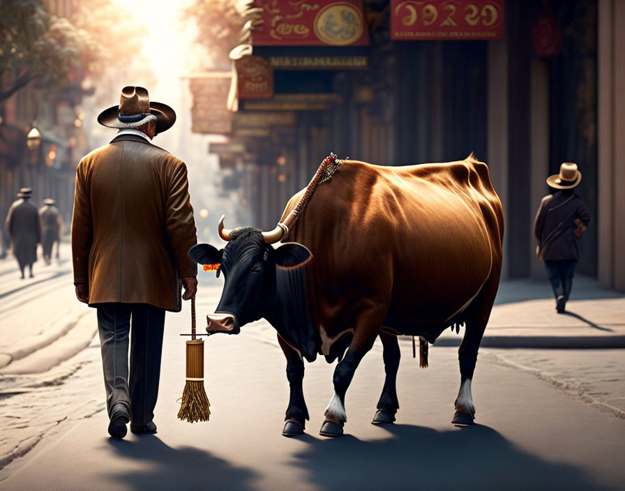 Man in coat and hat walks with broom beside bull on sunlit street with Asian signage.