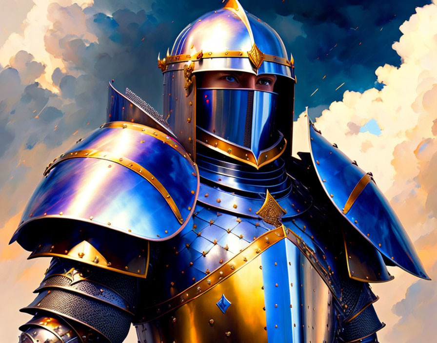 Knight in ornate armor with blue cloak on cloudy sky backdrop