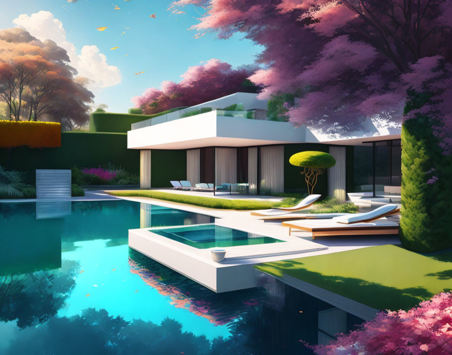 Modern House with Flat Roofs, Lush Gardens, Pink Foliage, and Pool View