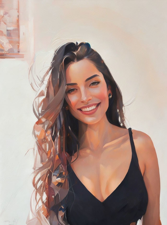 Smiling woman with long wavy hair in black tank top portrait