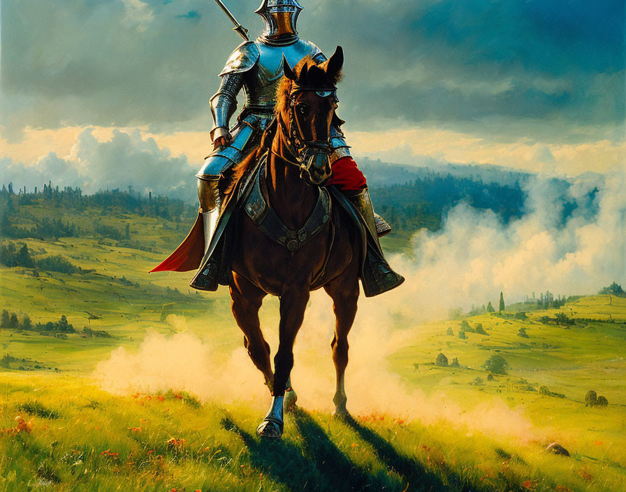 Knight on horseback in misty landscape with rolling hills under cloudy sky