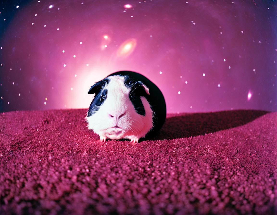 Black and white guinea pig on pink surface with cosmic background