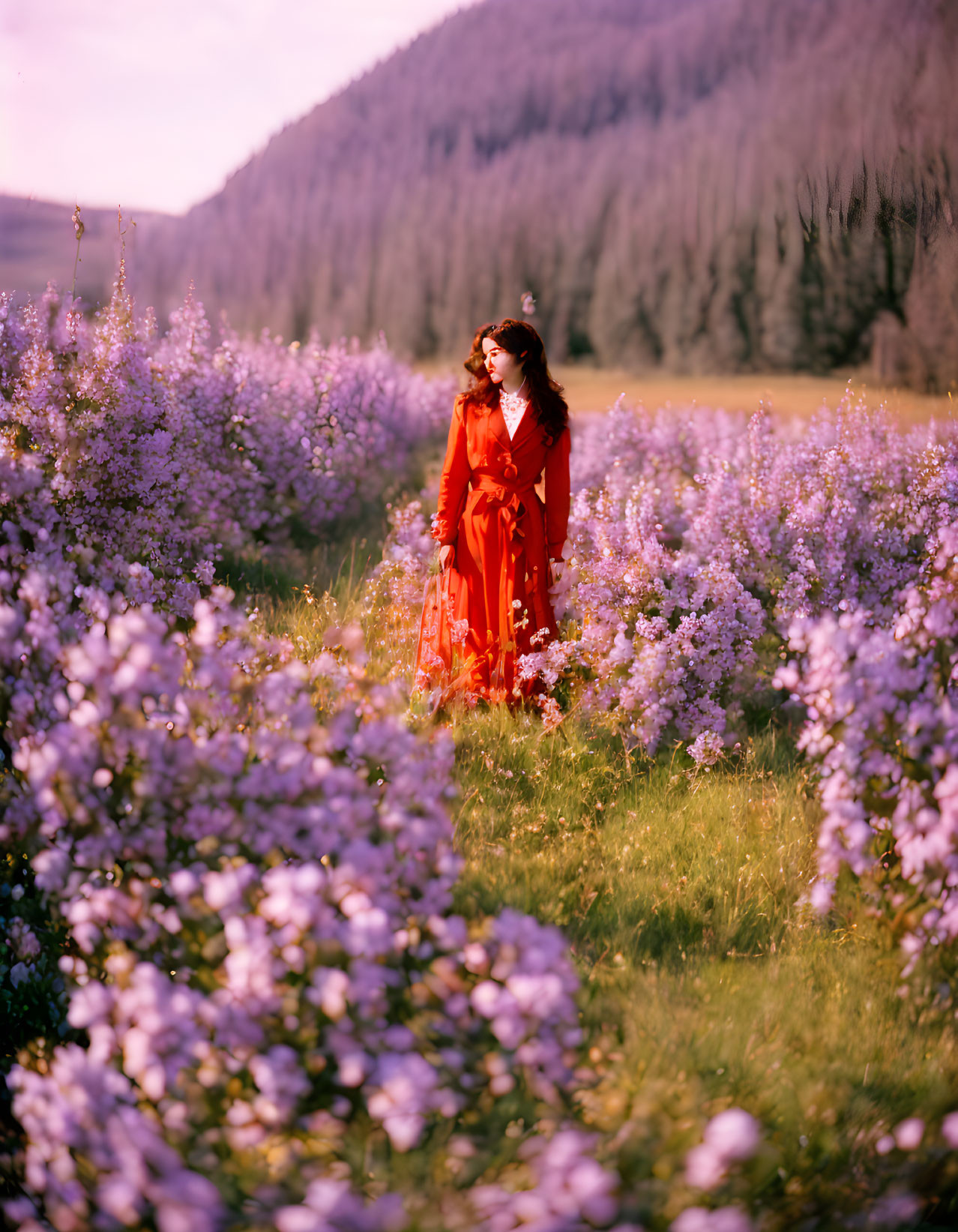 Woman in Red Dress Surrounded by Purple Flowers and Green Landscape