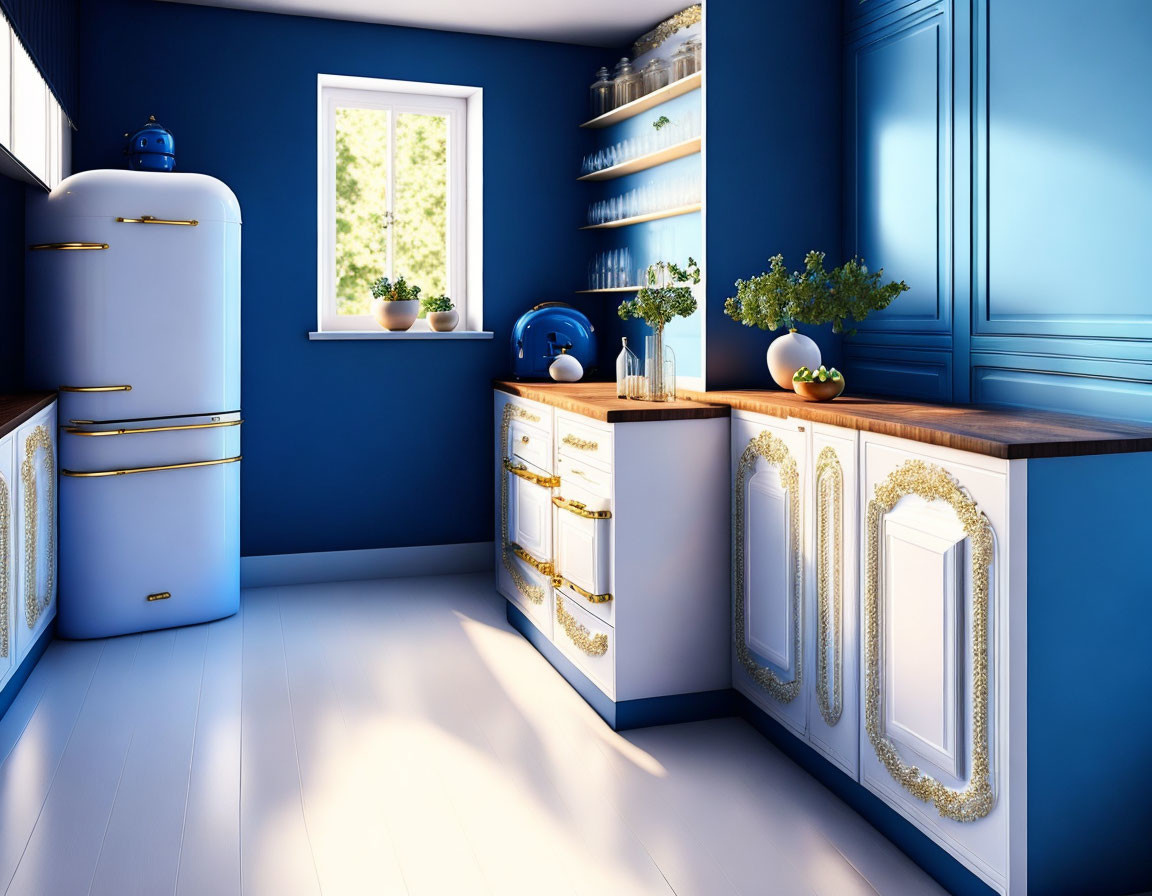 Bright Classic Kitchen with Blue Cabinets and Vintage White Fridge