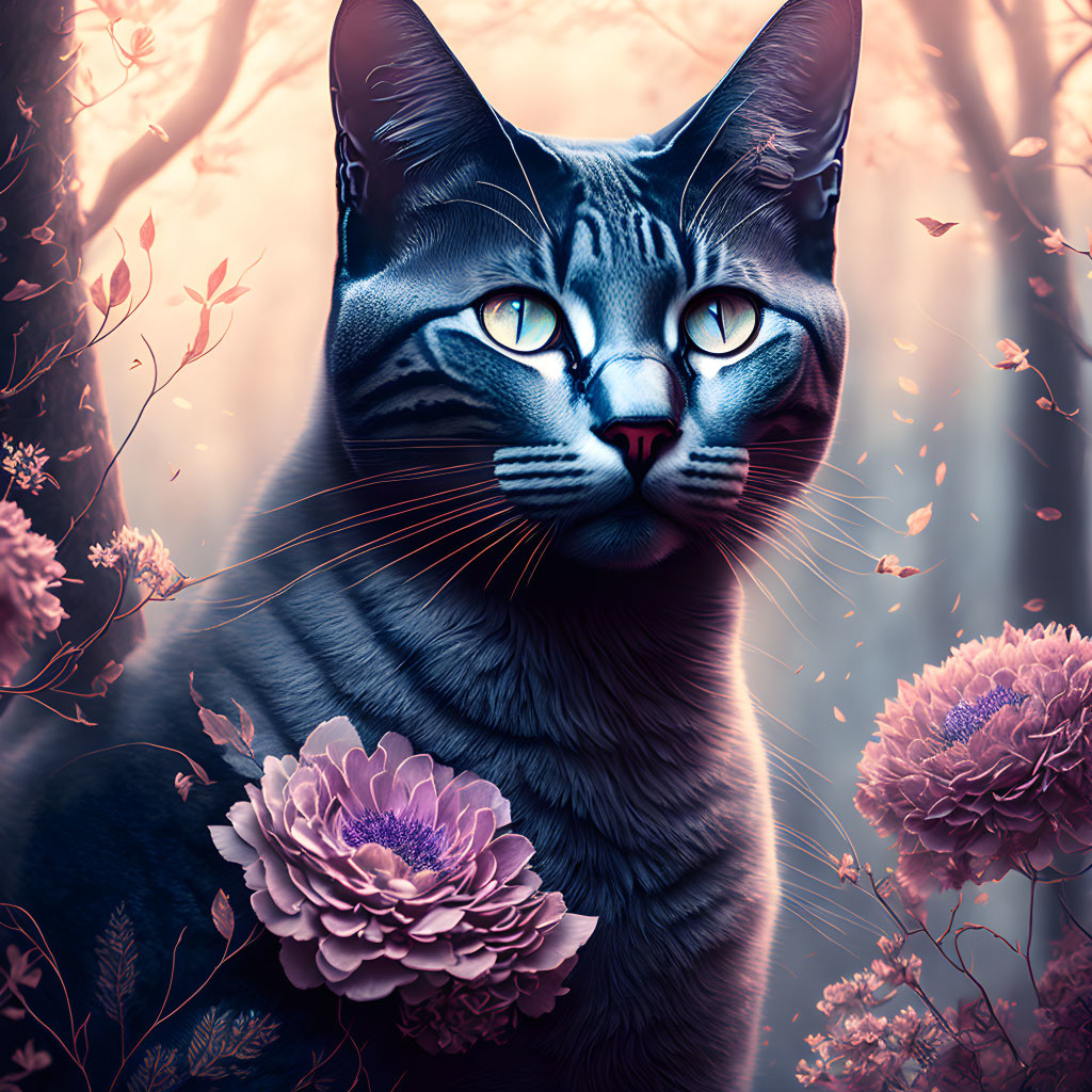 Majestic grey cat with green eyes in dreamy floral setting