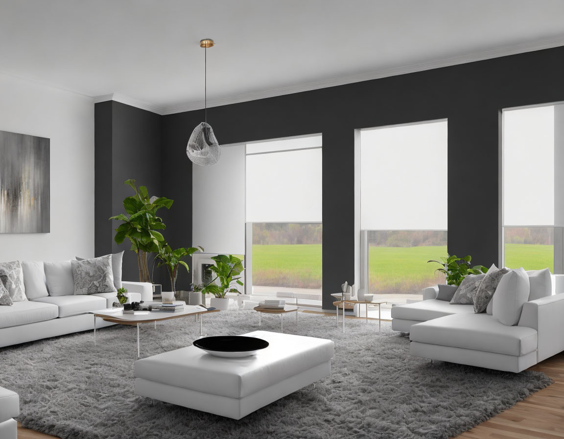 Modern Living Room with White Furniture, Gray Rug, Dark Walls, Large Windows, Green Plain View,