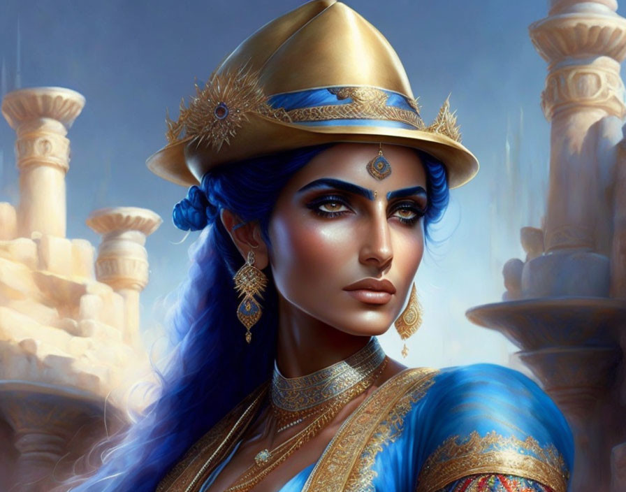 Blue-skinned woman in gold jewelry and blue attire among ancient pillars and hazy sky