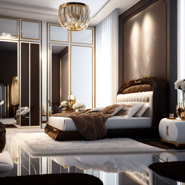 Elegant Bedroom with Plush Bed, Golden Accents, Mirrors, and Chandelier