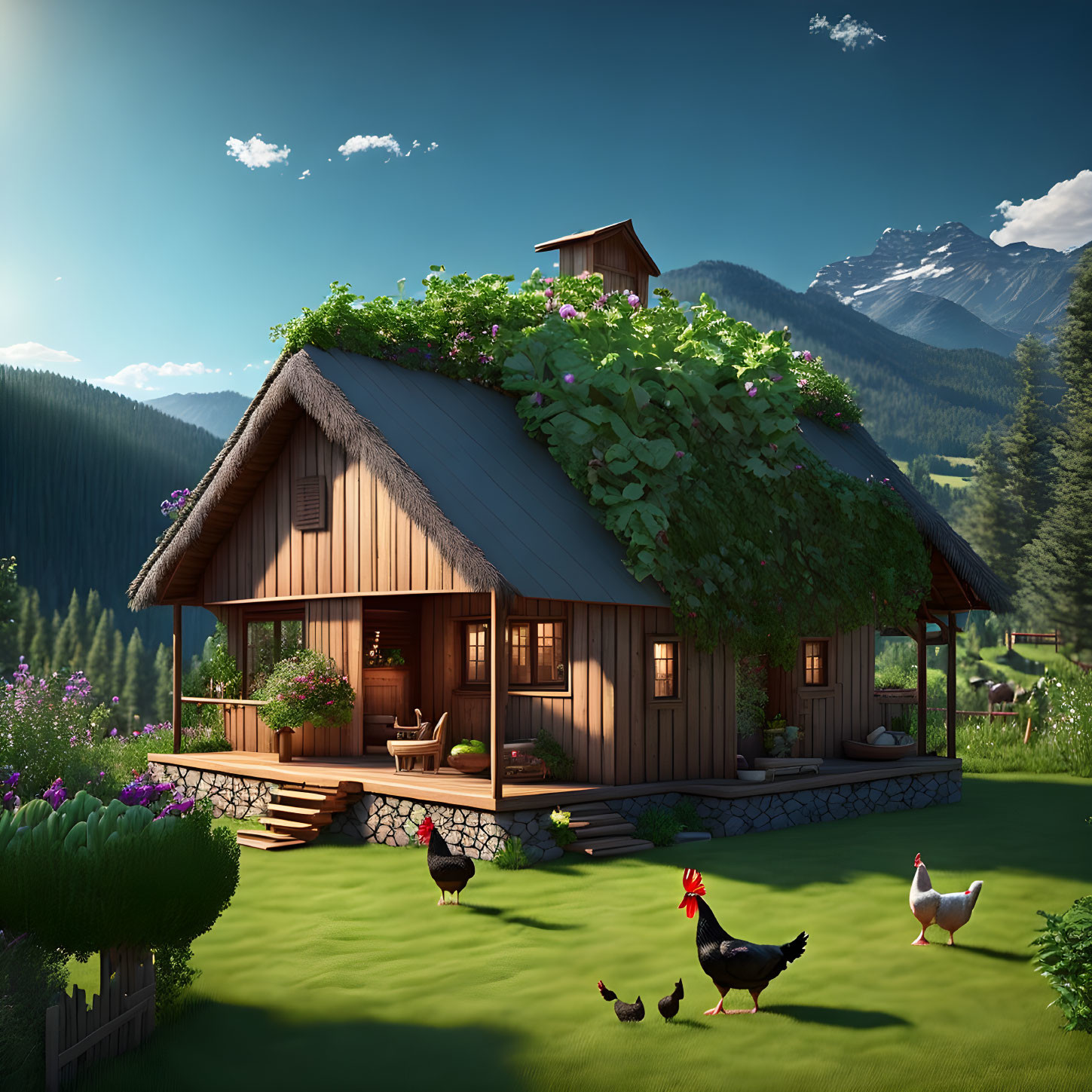 Wooden cottage with vine-covered roof in lush green landscape with chickens, mountains, and pine trees.