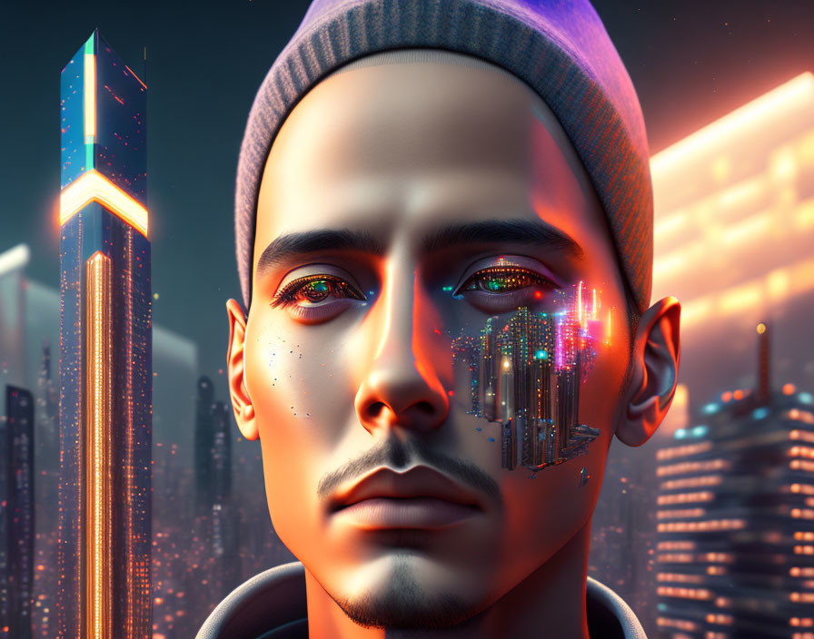 Male figure with cybernetic eye implants in neon-lit cityscape