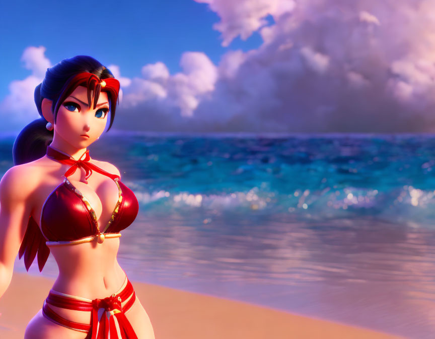 Red Bikini Animated Character on Sunset Beach