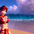 Red Bikini Animated Character on Sunset Beach