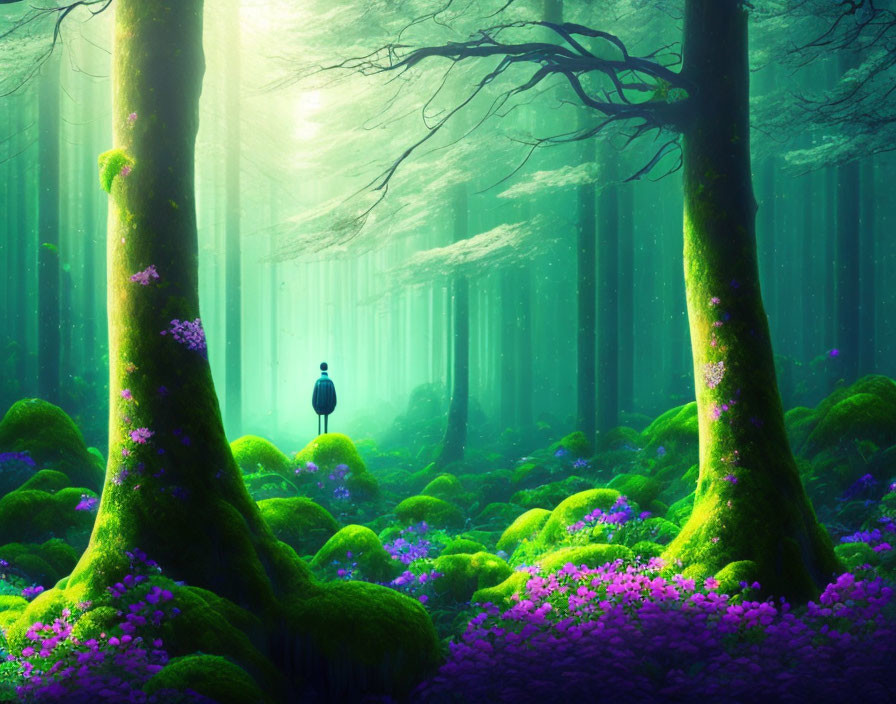 Mystical forest with lush green moss, purple flowers, towering trees, and solitary figure in eth