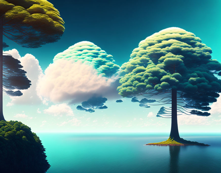 Surreal landscape with cloud-like tree canopies above tranquil sea