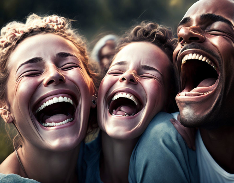 Three friends laughing and embracing in a close group of genuine happiness.