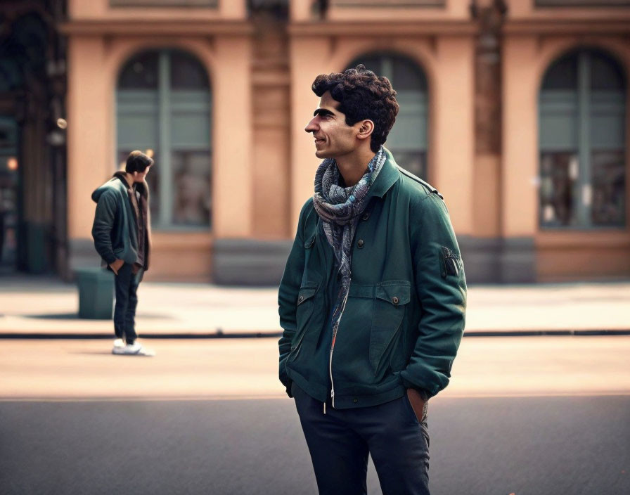 Smiling man in green jacket and scarf on city street with blurred figure.