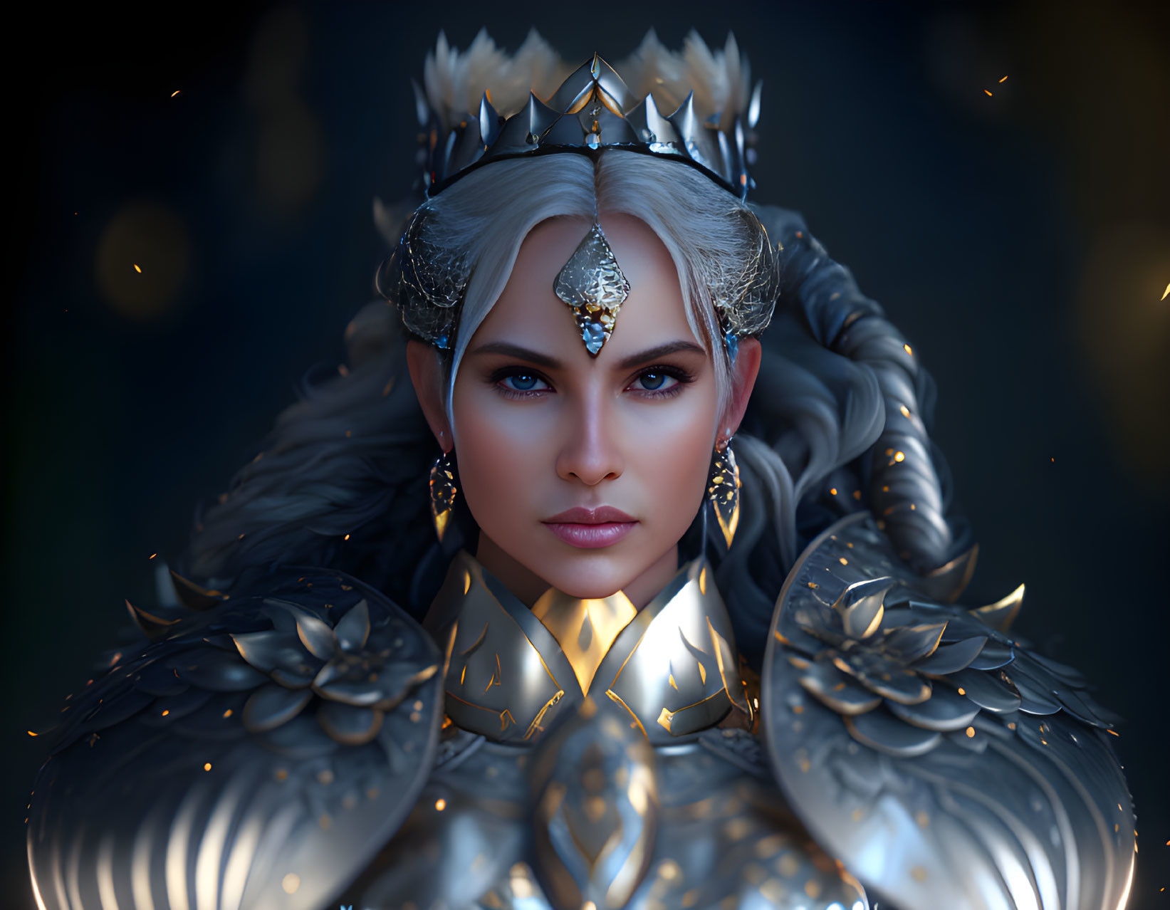 Regal woman in elaborate gold and silver armor with blue eyes