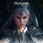 Fantasy queen with silver crown and majestic armor in dark ambience