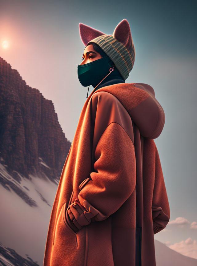 Person in warm coat and beanie with cat ears gazing at snowy mountains.