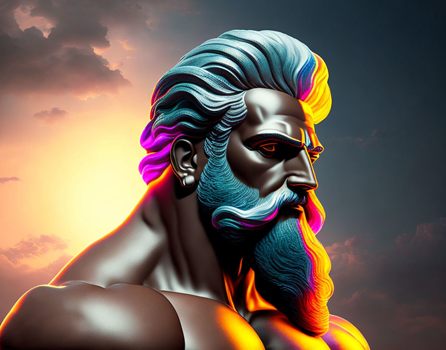 Vibrant neon outlined digital portrait of a bearded male figure