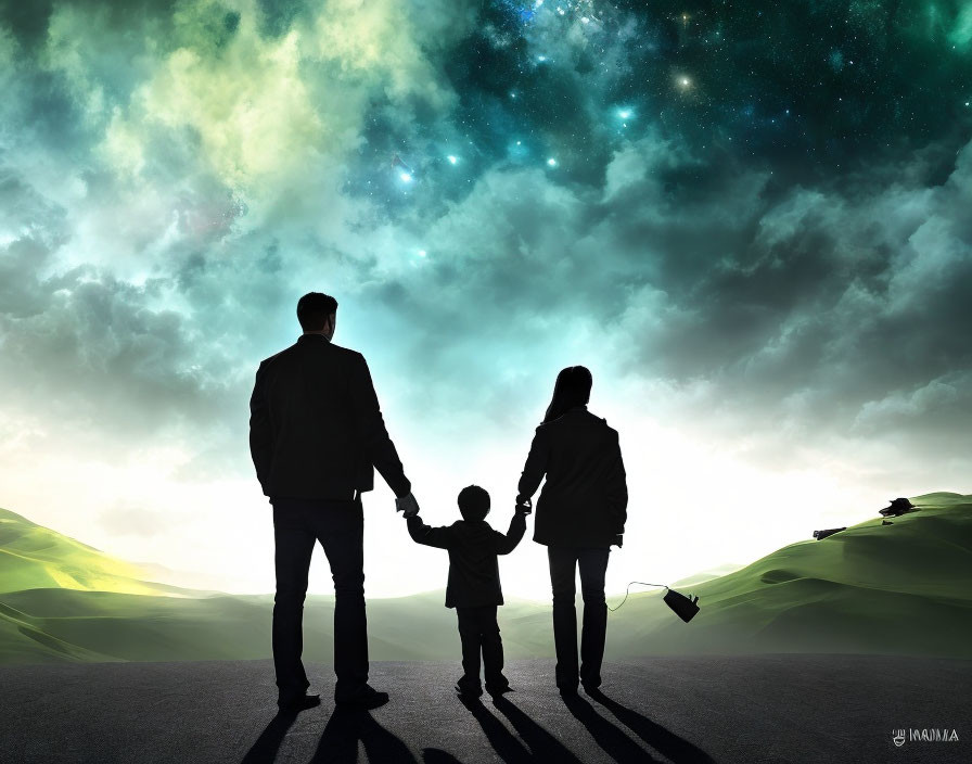 Silhouette of family holding hands under starry sky with green hills and child flying kite