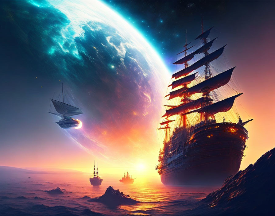 Surreal image of sailing ships above tranquil sea with massive planet and glowing sun.