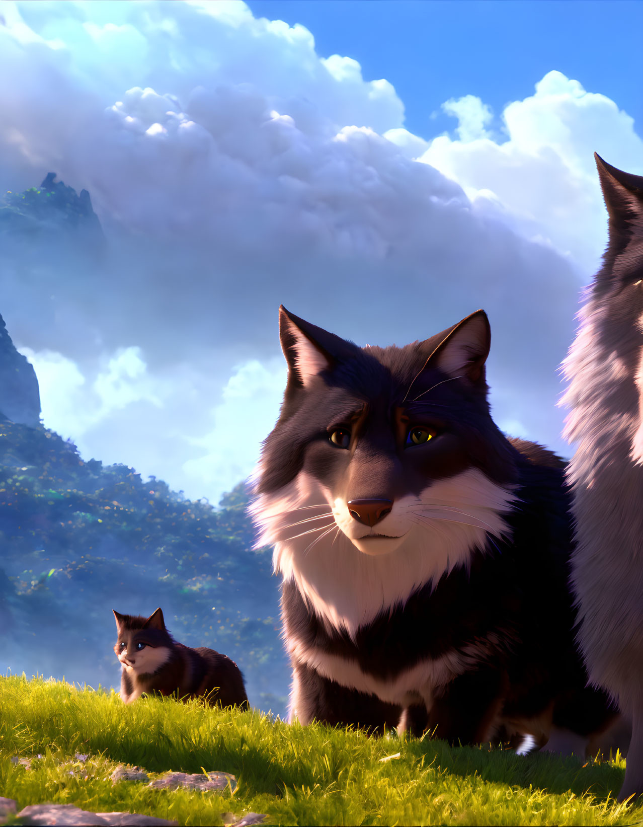 Two animated cats in lush field under dramatic cloudy sky