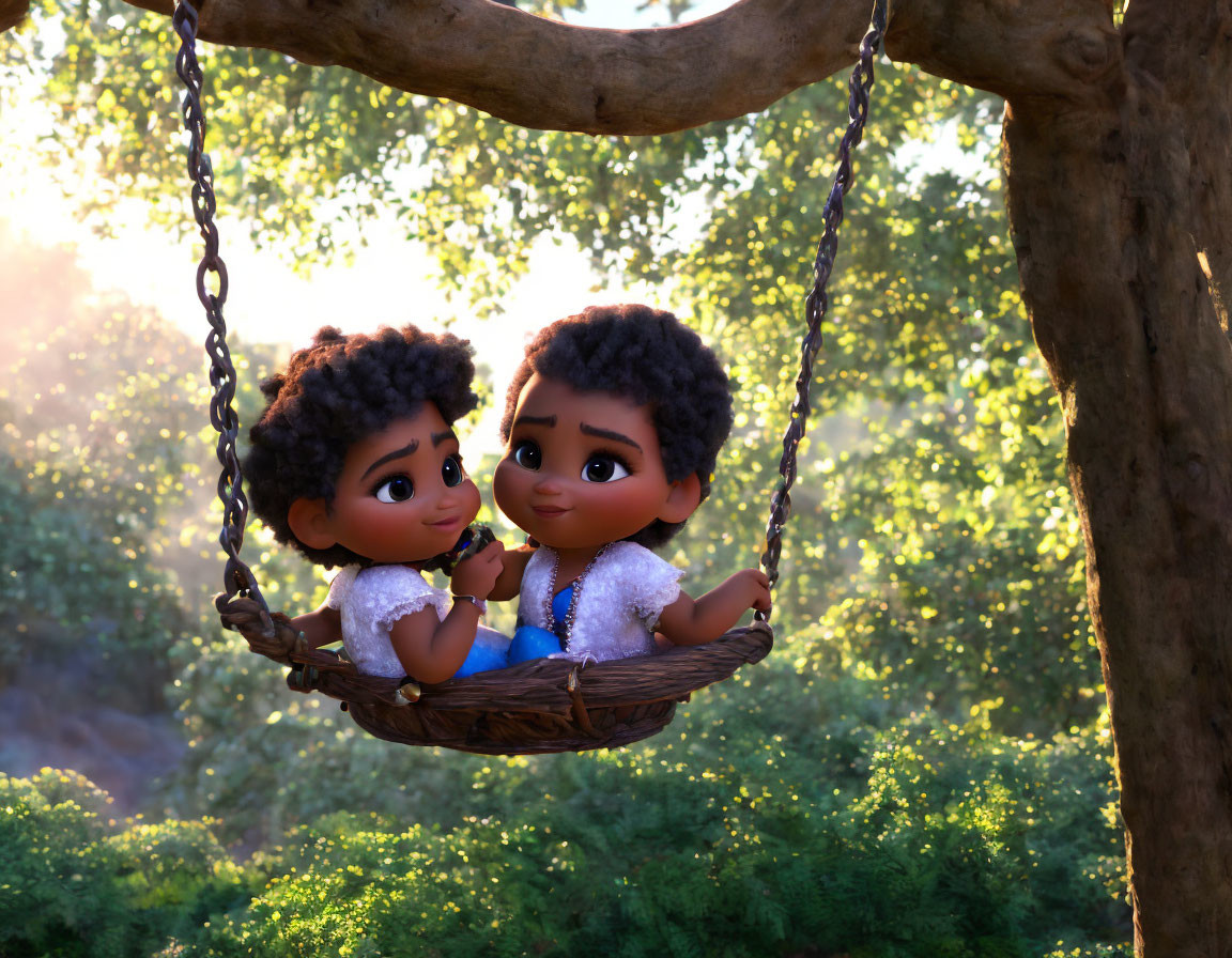 Children on swing under tree in golden sunlight among greenery