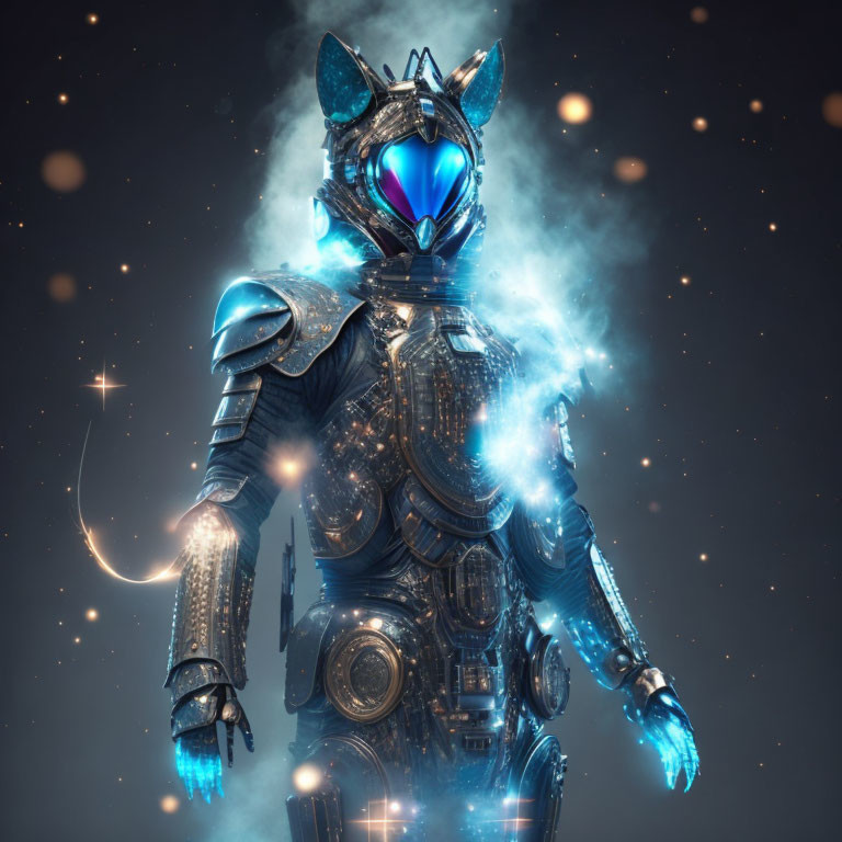 Armored figure with glowing blue heart in celestial light on dark backdrop