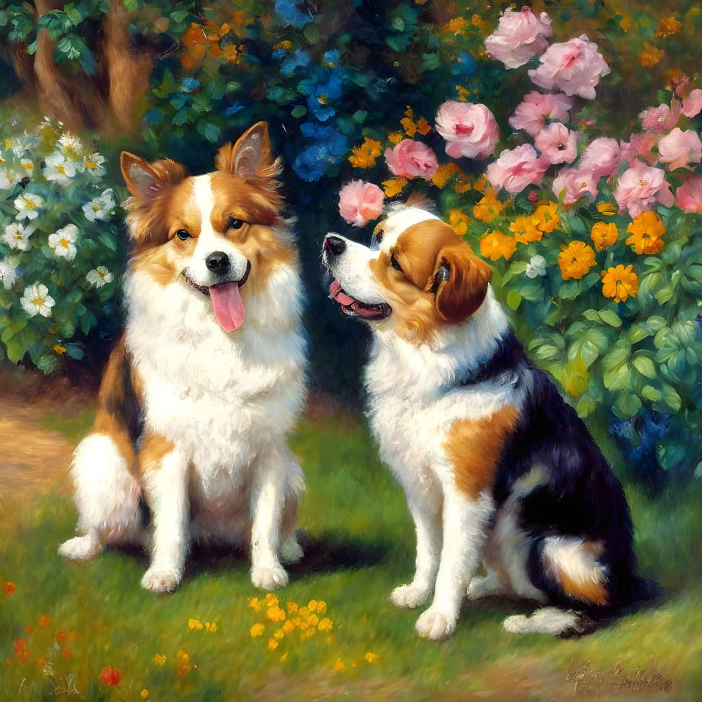 Two dogs surrounded by colorful flowers in playful interaction