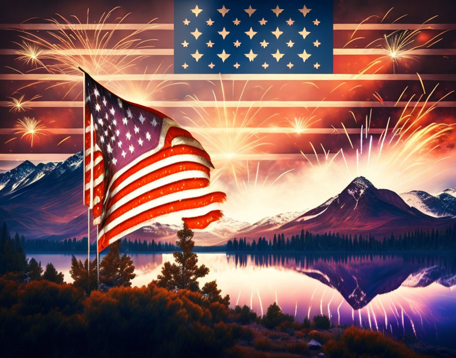 Tranquil lake scene with American flag, fireworks, mountains, and sunset