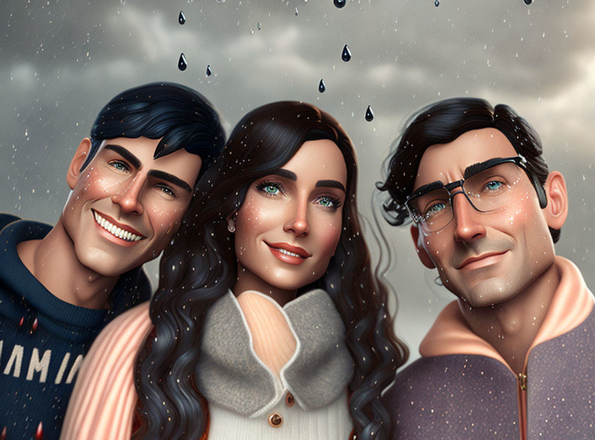 Three Smiling Animated Characters in Rain Shower