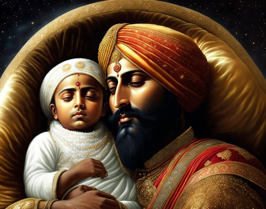 Man in Turban Holding Sleeping Child Against Starry Night Sky in Traditional Attire