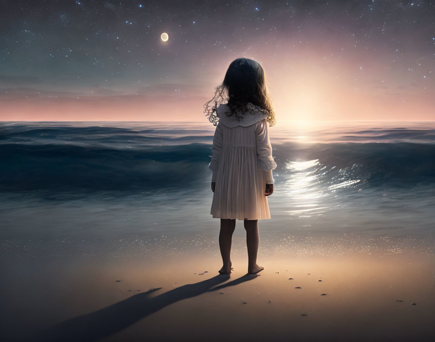 Young girl in dress on beach at twilight under starry sky and crescent moon