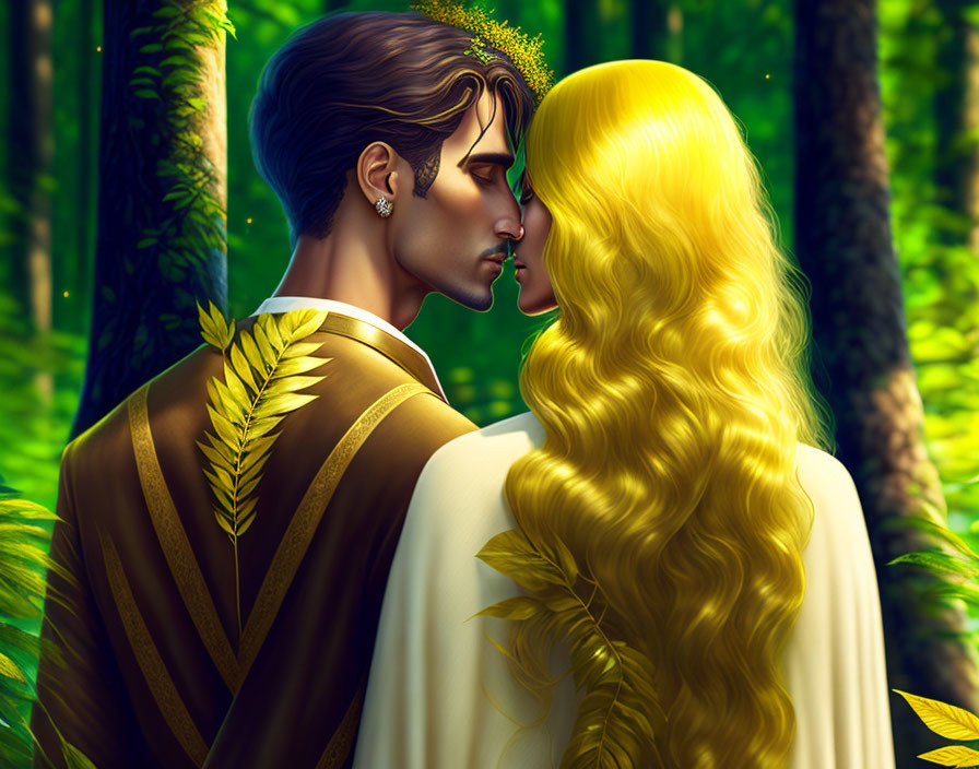 Animated characters in forest: man whispering to woman with long blonde hair