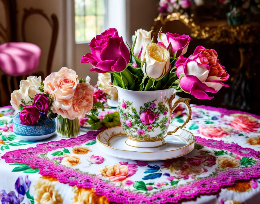 Colorful Rose and Tulip Bouquet in Teacup on Floral Tablecloth