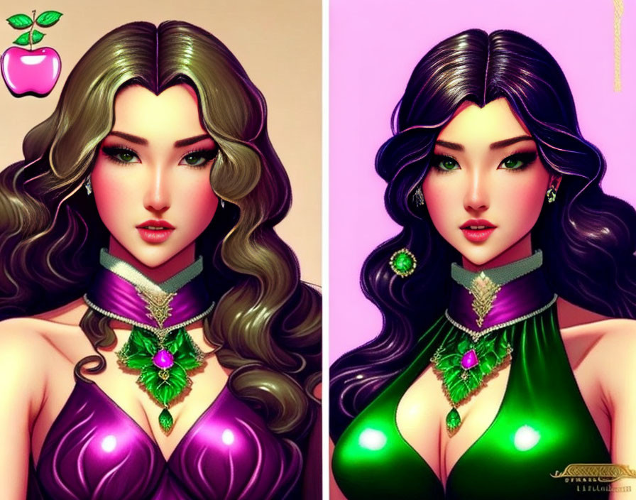 Stylized digital artwork of a woman with long wavy hair and green eyes